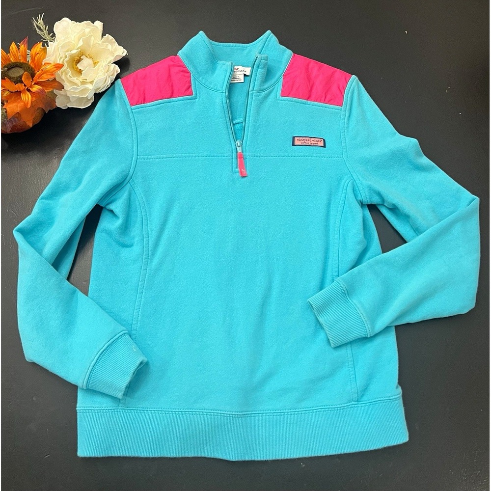 Vineyard Vines Martha's Vineyard Aqua Pink 1/4 Zip Colorblock Logo Sweatshirt XS